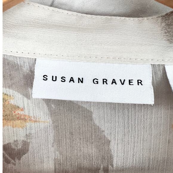 SUSAN GRAVER Women's L Floral Printed Sheer Chiffon Lace Trim Pleated Tunic Top - Picture 7 of 13